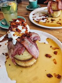 High angle view of breakfast served on table