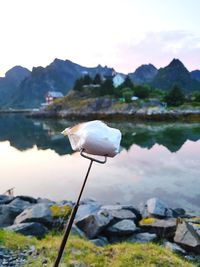 Marshmallow on skewer by lake against mountain range