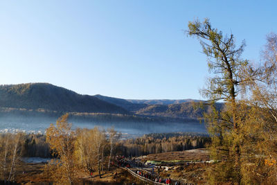 Scenic view of lake against clear blue sky