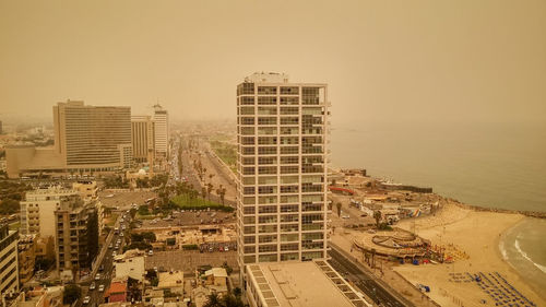 High angle view of buildings against sky