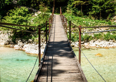 Footbridge amidst trees in forest