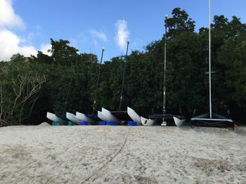 Clothes drying against trees and blue sky