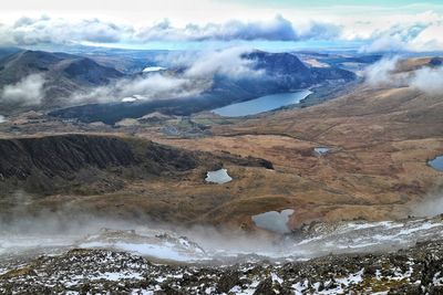 Aerial view of lake against cloudy sky