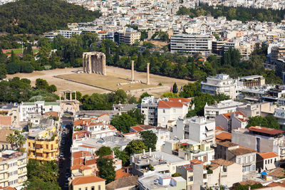 High angle view of buildings in town