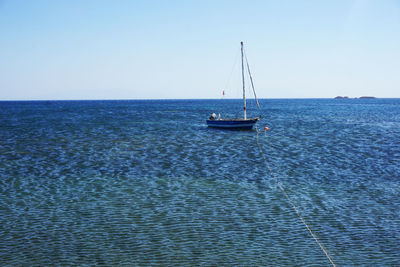 Sailboat sailing on sea against clear sky