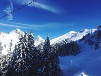 Snow covered mountains against blue sky