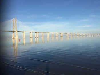 Bridge over calm sea against sky