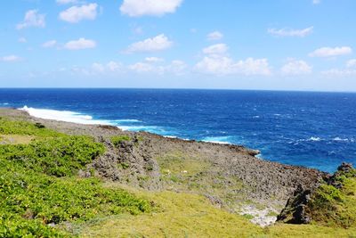 Scenic view of sea against blue sky