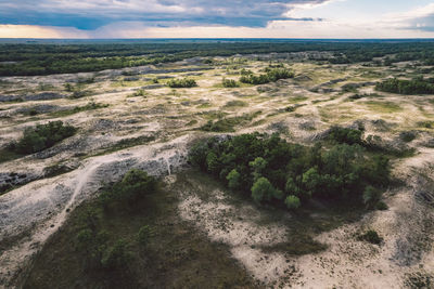 High angle view of land against sky