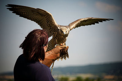 Woman holding hawk