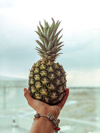 Cropped hand of woman holding pineapple outdoors