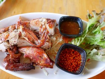 High angle view of meal served on table