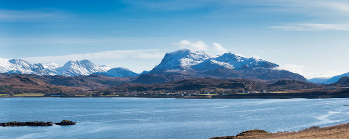 Scenic view of snowcapped mountains against sky