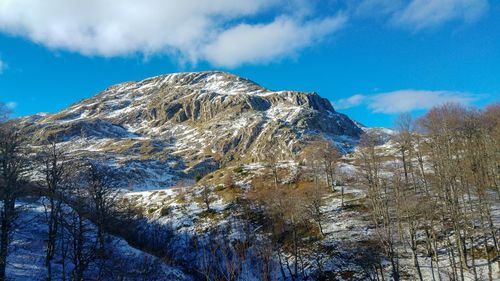 Low angle view of snowcapped mountain against sky