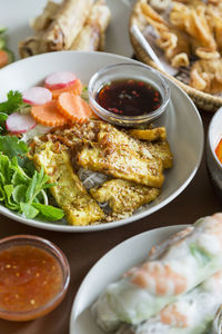 Close-up of meal served on table