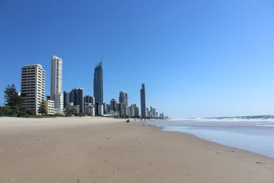 Panoramic view of beach and buildings against clear sky