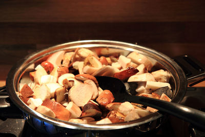 High angle view of food in container on table