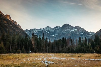 Scenic view of mountains against sky during winter