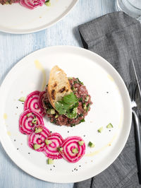 High angle view of food served in plate
