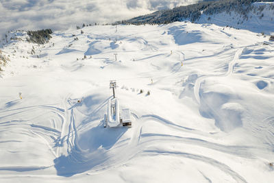 Aerial panoramic view of winter wonderland in the gastein valley, salzburg, austria.