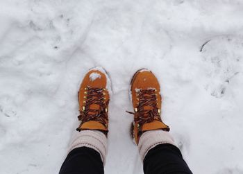 Low section of person standing on snow