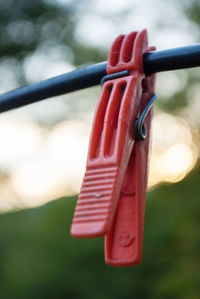 Close-up of clothespins hanging on rope