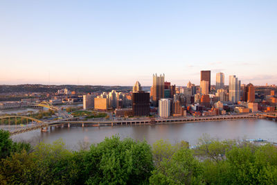 Panoramic view of pittsburgh downtown at sunset, pennsylvania, united states