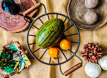 High angle view of fruits in bowl on table