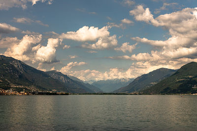 Scenic view of lake and mountains against sky