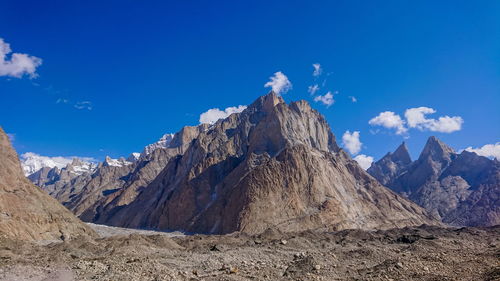 Panoramic view of mountain range against blue sky