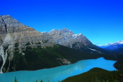 Scenic view of mountains against clear blue sky