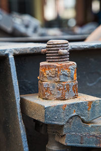 Close-up of rusty metal railroad track