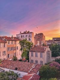 View of provencial buildings at sunset