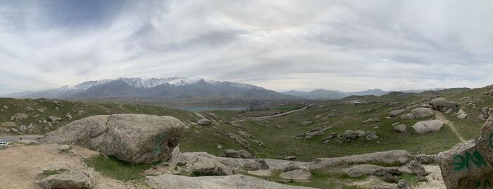 Panoramic view of landscape and mountains against sky