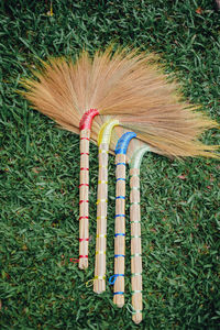 High angle view of multi colored umbrella on field