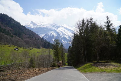 Road amidst trees and mountains against sky