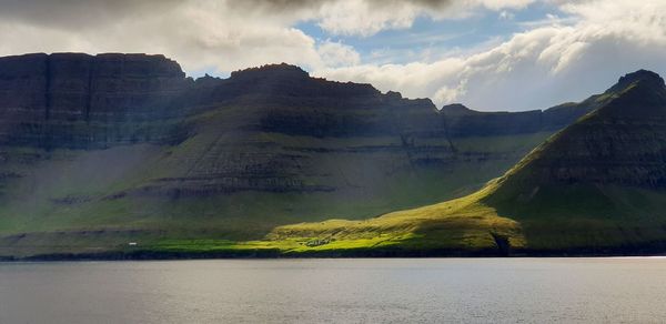 Panoramic view of lake and mountains against sky