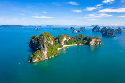 Scenic view of sea and mountains at krabi, thailand and