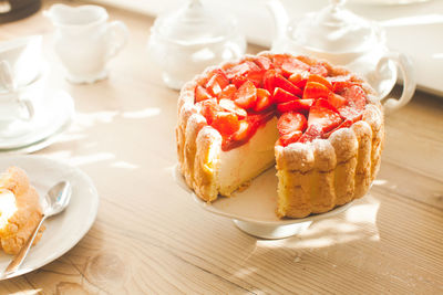 High angle view of cake in plate on table