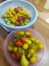 High angle view of tomatoes in bowl on table