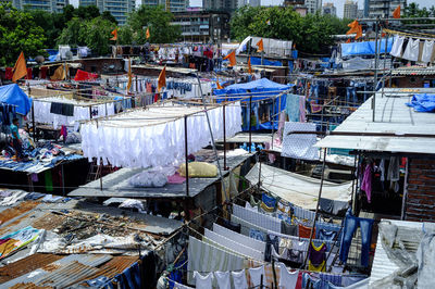 High angle view of clothes drying at dhobi ghat