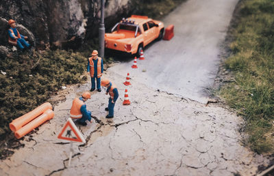 High angle view of toy car on road