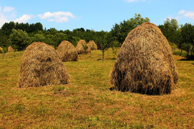 Hay bales on field against sky