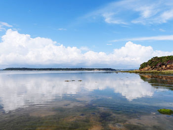 Scenic view of lake against cloudy sky
