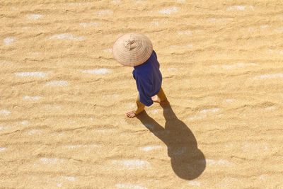 High angle view of farmer working on harvested grains