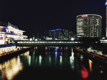 Reflection of illuminated buildings in water at night