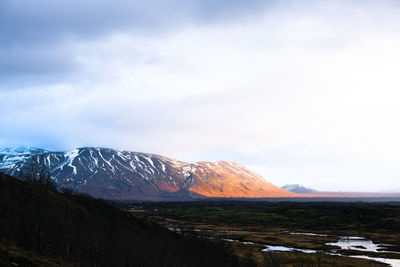 Scenic view of snowcapped mountains against sky