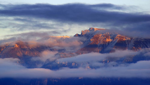 Aerial view of majestic mountains against sky during sunset