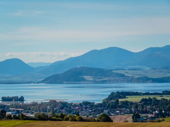 Scenic view of lake and mountains against sky