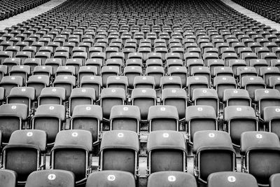 Full frame shot of empty chairs at stadium